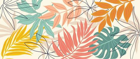 Tropical leaves background vector. Botanical foliage banner design hand drawn colorful palm leaf, monstera leaves line art. Design for wallpaper, cover, cards, packaging, flyer, fabric. vector