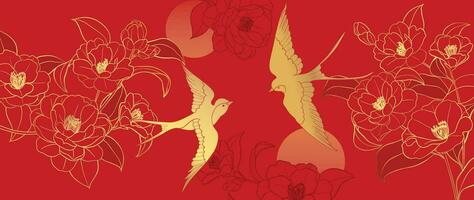 elegante chino oriental modelo antecedentes vector. elegante golondrina pájaro y peonía flor dorado línea Arte en rojo antecedentes. diseño ilustración para contento nuevo año, fondo de pantalla, bandera, tarjeta. vector