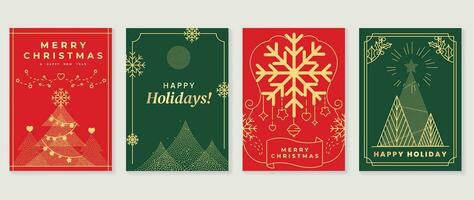 Luxury christmas invitation card art deco design vector. Christmas tree, bauble ball, snowflake spot and line art on green and red background. Design illustration for cover, poster, wallpaper. vector