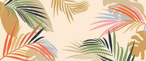 Tropical leaves background vector. Botanical foliage banner design hand drawn colorful palm leaf, monstera leaves line art. Design for wallpaper, cover, cards, packaging, flyer, fabric. vector