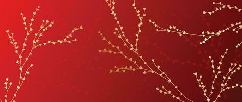 Elegant Chinese oriental pattern background vector. Elegant wildflower golden line art on red background. Design illustration for happy new year, wallpaper, banner, card. vector