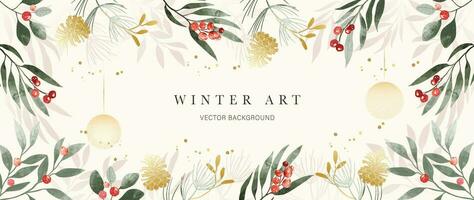 Winter background vector. Hand painted watercolor and gold brush texture, holly berry, bauble ball, pine cone hand drawing. Abstract art design for wallpaper, wall art, cover, wedding. invite card. vector