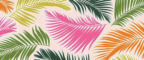 Tropical leaves background vector. Botanical foliage banner design hand drawn colorful palm leaves, coconut leaf line art. Design for wallpaper, cover, cards, packaging, flyer, fabric. vector