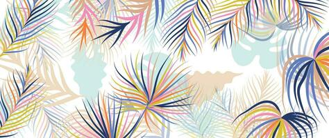 Tropical leaves background vector. Botanical foliage banner design hand drawn colorful palm leaf, monstera leaves line art. Design for wallpaper, cover, cards, packaging, flyer, fabric. vector