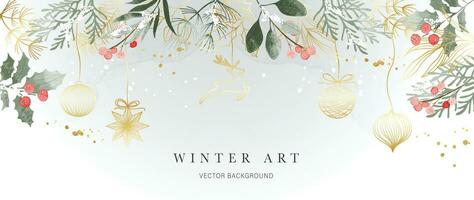 Winter background vector. Hand painted watercolor and gold brush texture, holly berry, bauble ball, reindeer hand drawing. Abstract art design for wallpaper, wall art, cover, wedding. invite card. vector