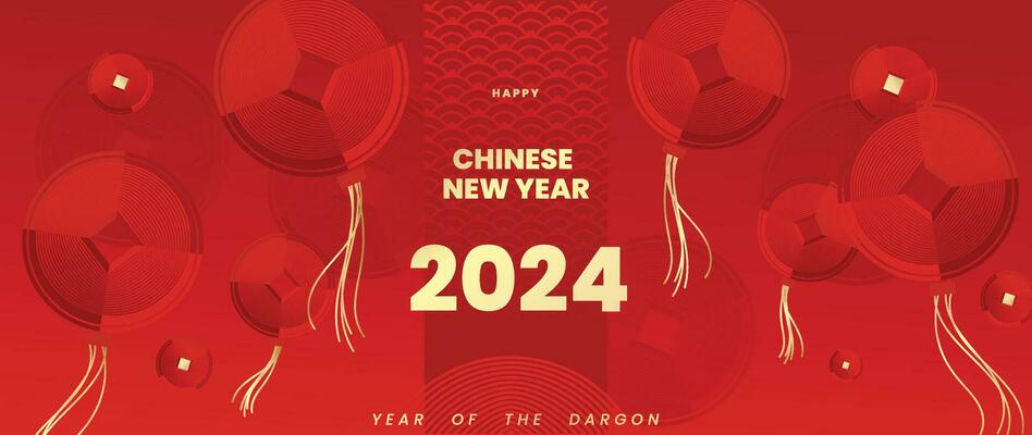 Happy Chinese new year background vector. Year of the dragon design wallpaper with chinese hanging coin, pattern. Modern luxury oriental illustration for cover, banner, website, decor.