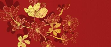 elegante chino oriental modelo antecedentes vector. elegante Cereza florecer flor dorado línea Arte en rojo antecedentes. diseño ilustración para contento nuevo año, fondo de pantalla, bandera, tarjeta. vector