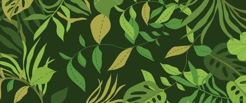 Abstract foliage botanical background vector. Green watercolor wallpaper of tropical plants, leaves, leaf branches. Foliage design for banner, prints, decor, wall art, decoration, fabric.