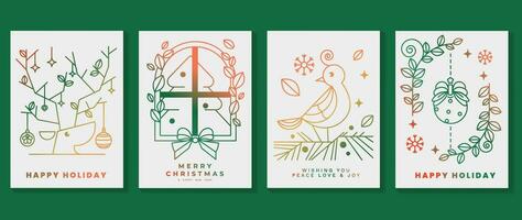 Luxury christmas invitation card art deco design vector. Christmas tree,   bauble ball, snowflake, reindeer, bird line art on white background. Design illustration for cover, poster, wallpaper. vector