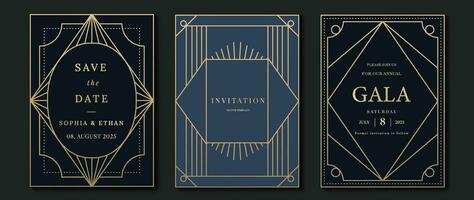 Luxury invitation card background vector. Elegant classic antique design, gold lines gradient on dark blue background. Premium design illustration for gala card, grand opening, art deco. vector