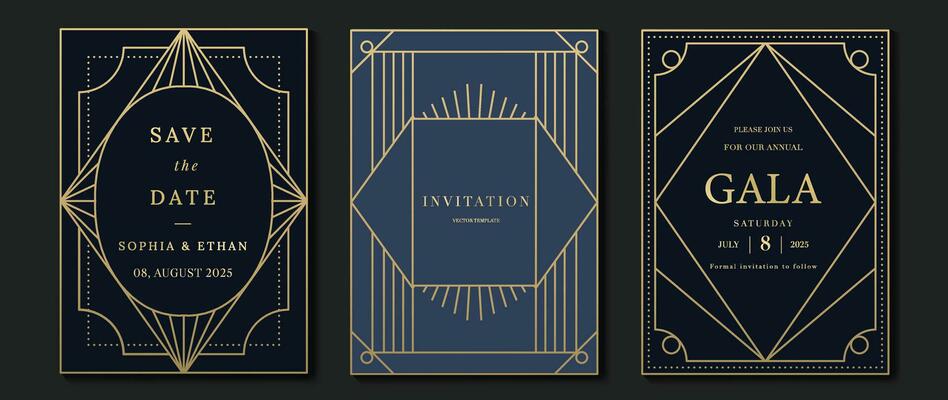 Luxury invitation card background vector. Elegant classic antique design, gold lines gradient on dark blue background. Premium design illustration for gala card, grand opening, art deco.