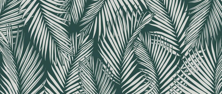 Tropical leaves background vector. Natural jungle palm leaves design in minimal pale blue color with contour line art style. Design for fabric, print, cover, banner, decoration, wallpaper.