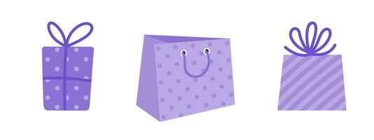 Gift boxes and paper bag, vector icon set. Bright closed presents with bow, ribbon, handles. Containers are packed in wrapping paper with polka dots, striped. Purple packet for a gift, shopping, prize