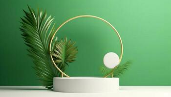 ai generado blanco producto podio con verde tropical palma hojas y dorado redondo arco en verde pared. generativo ai foto