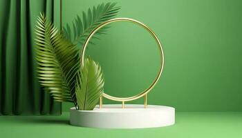 AI generated White product podium with green tropical palm leaves and golden round arch on green wall. Generative ai photo