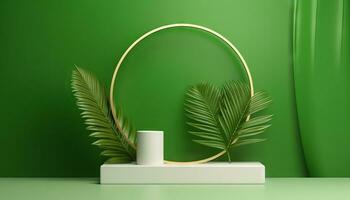 AI generated White product podium with green tropical palm leaves and golden round arch on green wall. Generative ai photo