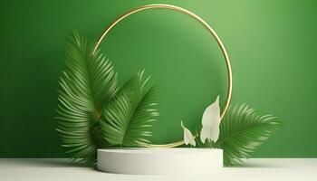 AI generated White product podium with green tropical palm leaves and golden round arch on green wall. Generative ai photo