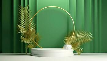 AI generated White product podium with green tropical palm leaves and golden round arch on green wall. Generative ai photo