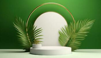 AI generated White product podium with green tropical palm leaves and golden round arch on green wall. Generative ai photo