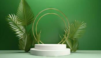 AI generated White product podium with green tropical palm leaves and golden round arch on green wall. Generative ai photo