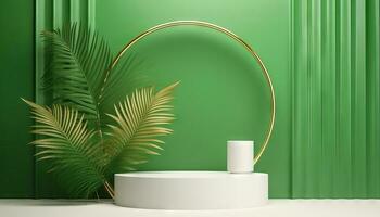 AI generated White product podium with green tropical palm leaves and golden round arch on green wall. Generative ai photo