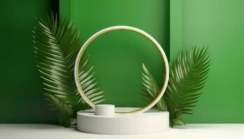 AI generated White product podium with green tropical palm leaves and golden round arch on green wall. Generative ai photo