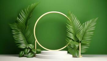 AI generated White product podium with green tropical palm leaves and golden round arch on green wall. Generative ai photo