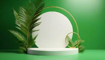 AI generated White product podium with green tropical palm leaves and golden round arch on green wall. Generative ai photo