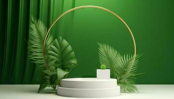 AI generated White product podium with green tropical palm leaves and golden round arch on green wall. Generative ai photo