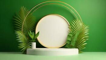 AI generated White product podium with green tropical palm leaves and golden round arch on green wall. Generative ai photo