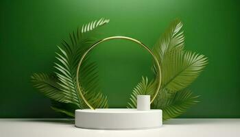 AI generated White product podium with green tropical palm leaves and golden round arch on green wall. Generative ai photo