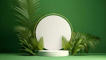 AI generated White product podium with green tropical palm leaves and golden round arch on green wall. Generative ai photo