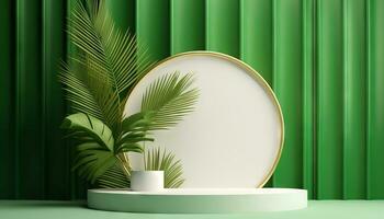 AI generated White product podium with green tropical palm leaves and golden round arch on green wall. Generative ai photo