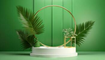 AI generated White product podium with green tropical palm leaves and golden round arch on green wall. Generative ai photo