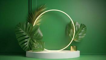 AI generated White product podium with green tropical palm leaves and golden round arch on green wall. Generative ai photo