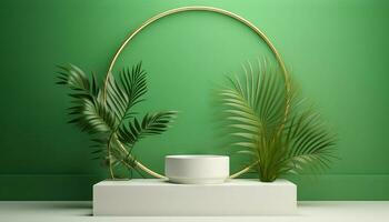 AI generated White product podium with green tropical palm leaves and golden round arch on green wall. Generative ai photo