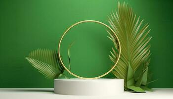 AI generated White product podium with green tropical palm leaves and golden round arch on green wall. Generative ai photo