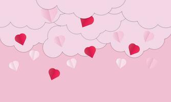 antecedentes diseño con papel cortar nubes sitio para texto. contento San Valentín día rebaja encabezamiento con colgando corazones. vector