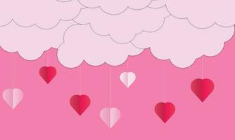 antecedentes diseño con papel cortar nubes sitio para texto. contento San Valentín día rebaja encabezamiento con colgando corazones. vector