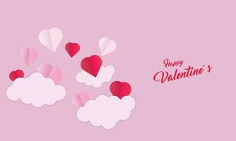 Background design with paper cut clouds. Place for text. Happy Valentine's Day sale header with hanging hearts. vector