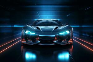 AI generated Future car illuminated in blue neon photo