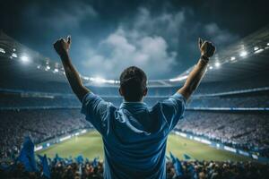 ai generado el emoción de un fútbol americano ventilador aplausos fervorosamente desde detrás a el fútbol americano estadio foto