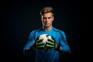 AI generated Studio photo of a goalkeeper with football gloves holding a football bal