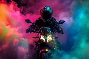 ai generado corredor en un motocicleta en contra un antecedentes de multicolor fumar foto