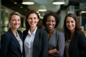 AI generated Group of four multi ethnic business women looking at camera and smiling photo