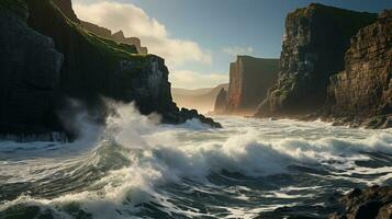 AI generated A rocky coastline adorned with towering cliffs and the relentless crash of waves photo