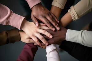 AI generated A group of workers with diverse ethnic hands forming a team photo