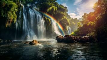 ai generado un majestuoso cascada rodeado por vibrante arcoiris en el niebla de sus cascada foto