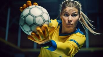 AI generated Female goalkeeper in yellow attire showcasing her expertise as she catches the football photo