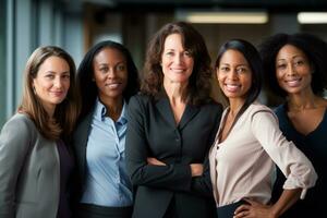 AI generated Group of five multi ethnic business women looking at camera and smiling photo